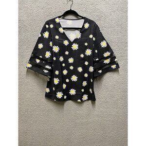 Womens Floral Short Sleeve Black Yellow Tunic Top Blouse Small